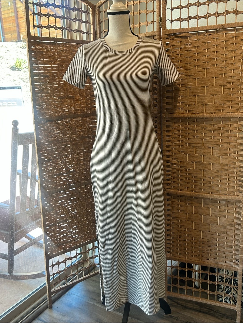 Theory off white  and White Striped Short-Sleeve Maxi Dress